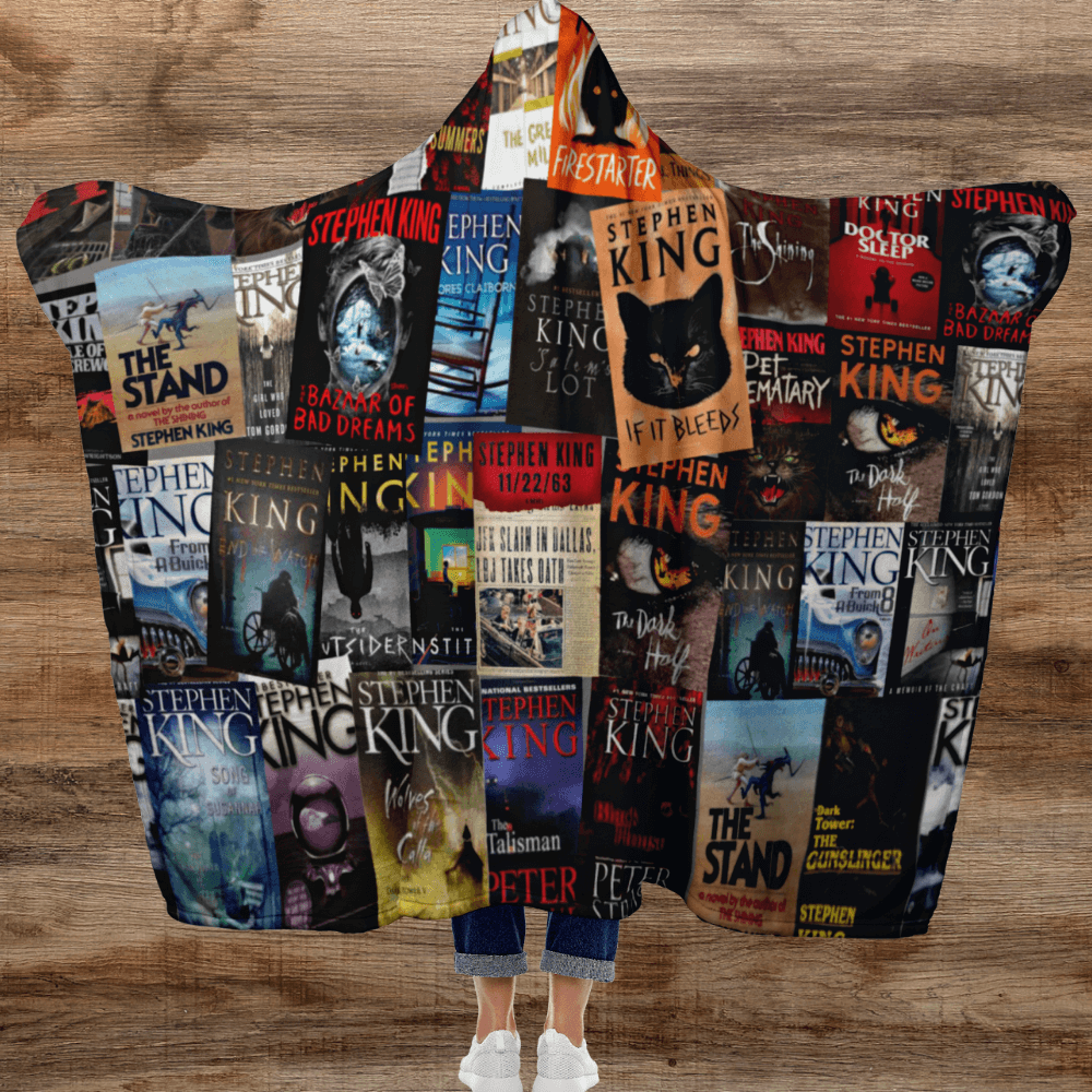 Stephen King Book Cover Hooded Blanket, Fun Constant Reader Gift For Bibliophile